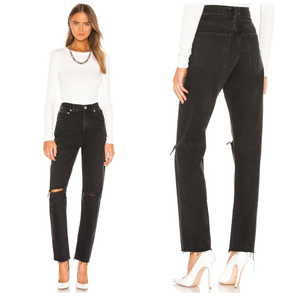 AGOLDE Cherie High Rise Straight in Distortion Black Ripped Knee A084-998 29